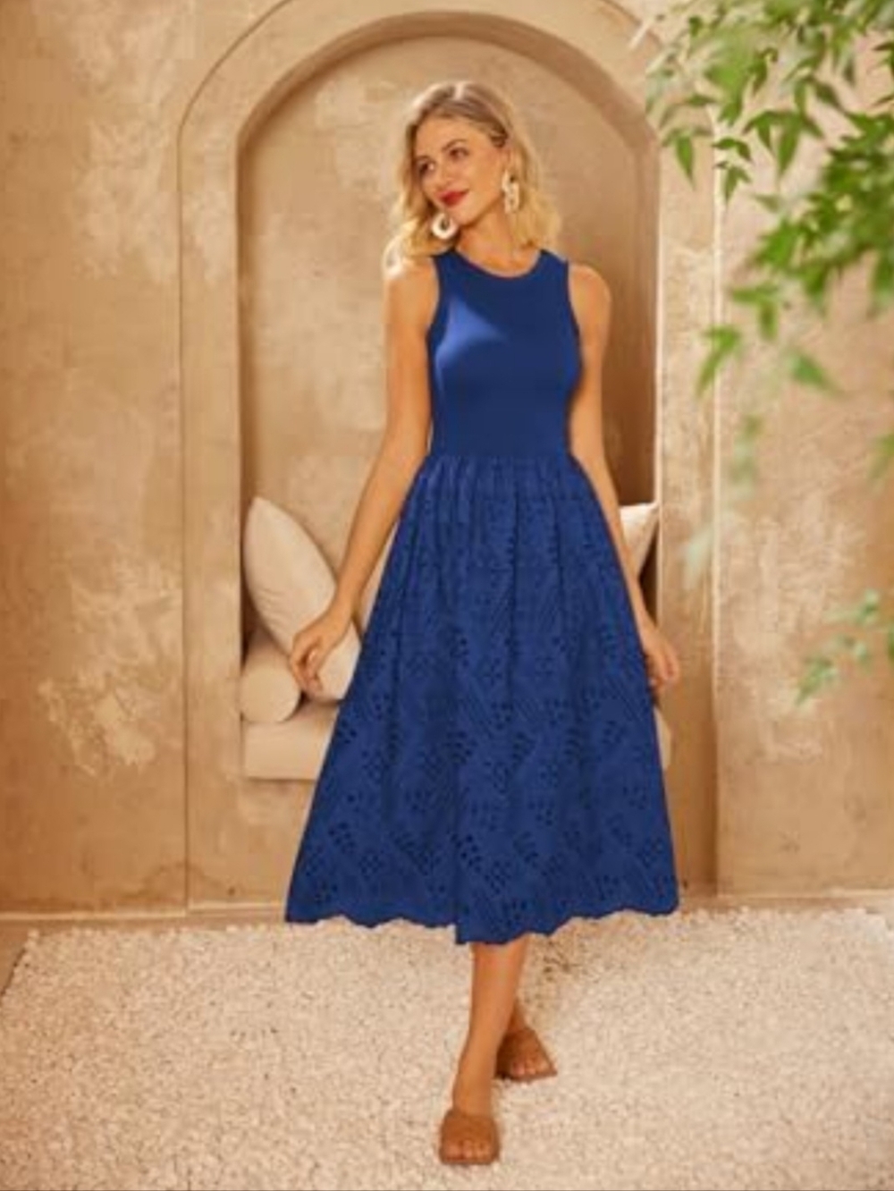 Grace Karin Royal Blue Eyelet Midi Dress Size M